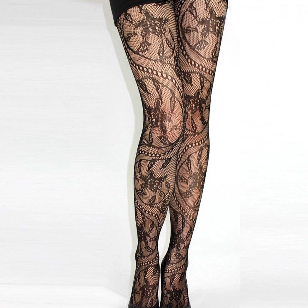 Sexy Black Floral Fishnet Pantyhose Stockings - Picture 3 of 6